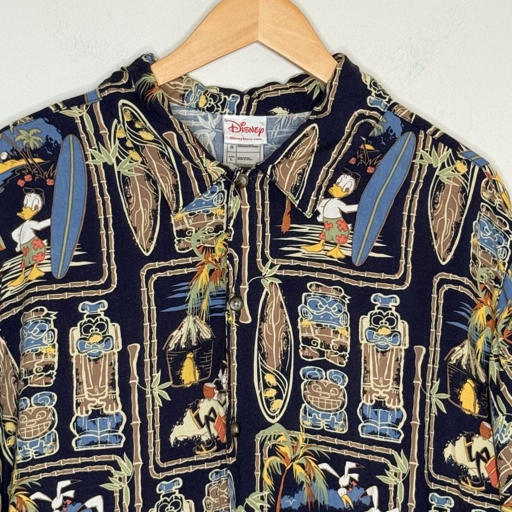 Disney Store Hawaiian Shirt Mens L Navy Rayon Tiki Surf Mickey Pluto Y2k 2000s View 6